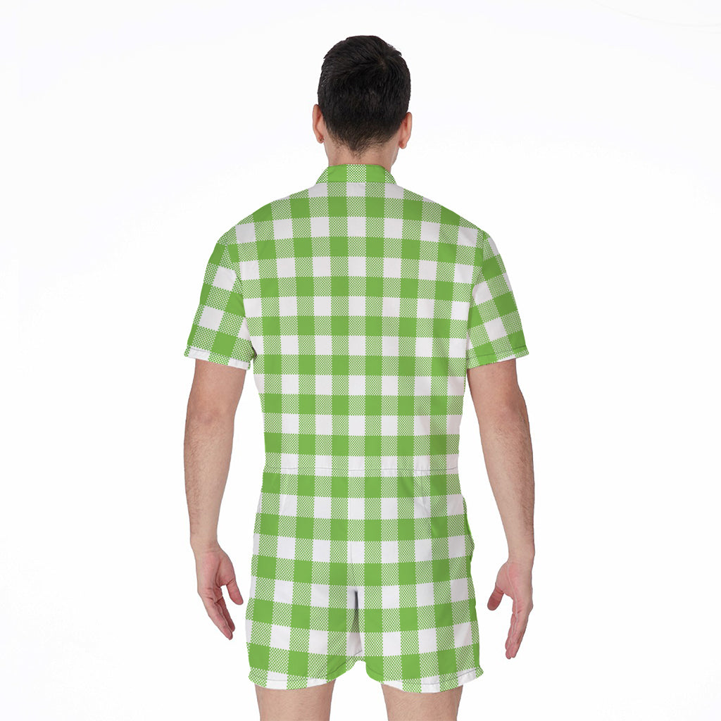 Pear Green And White Gingham Print Men's Rompers
