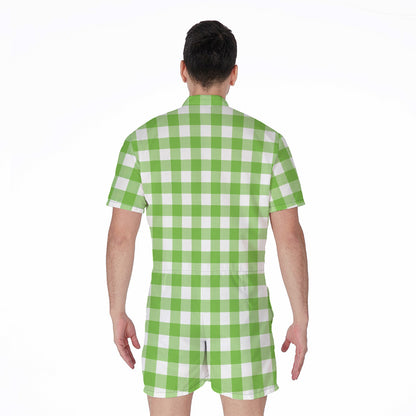 Pear Green And White Gingham Print Men's Rompers