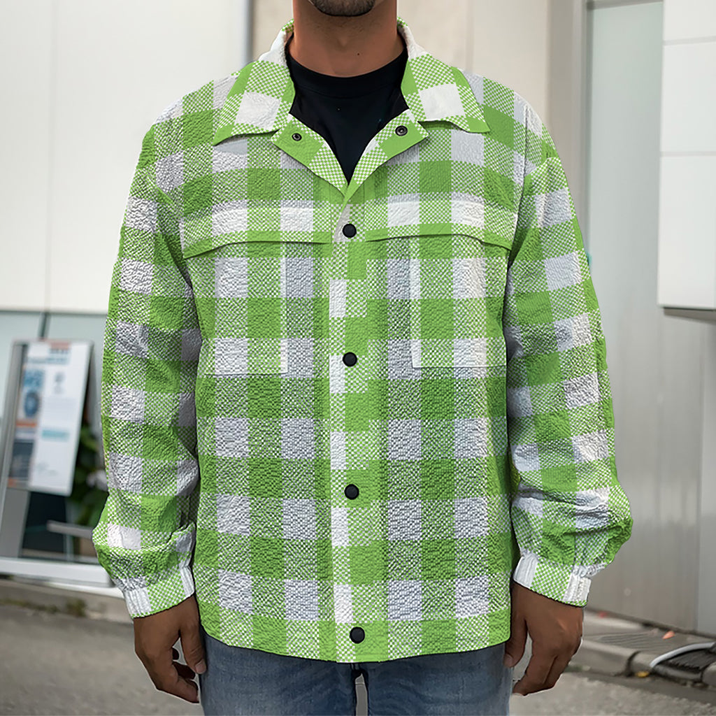 Pear Green And White Gingham Print Men's Shirt Jacket