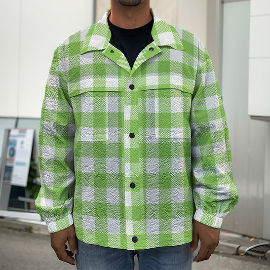 Pear Green And White Gingham Print Men's Shirt Jacket