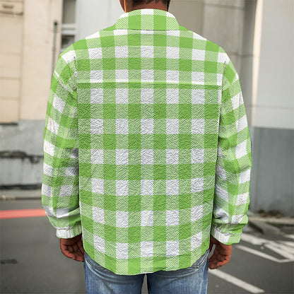Pear Green And White Gingham Print Men's Shirt Jacket