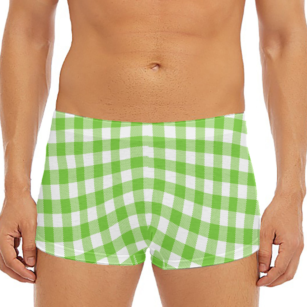 Pear Green And White Gingham Print Men's Short Boxer Briefs