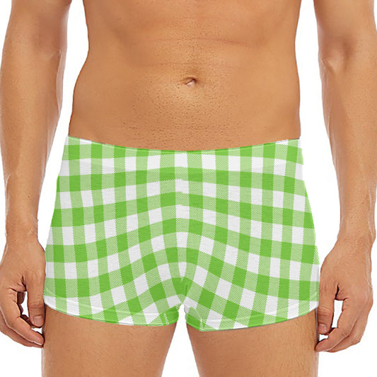 Pear Green And White Gingham Print Men's Short Boxer Briefs