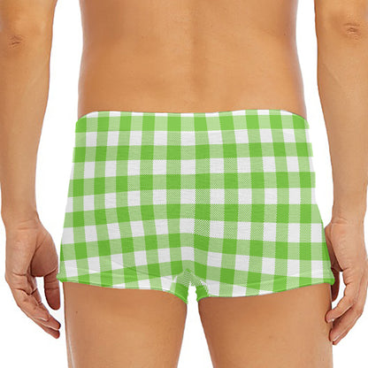 Pear Green And White Gingham Print Men's Short Boxer Briefs