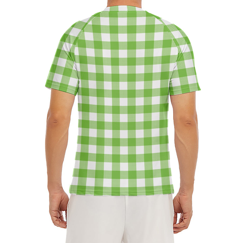 Pear Green And White Gingham Print Men's Short Sleeve Rash Guard
