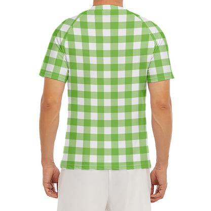 Pear Green And White Gingham Print Men's Short Sleeve Rash Guard