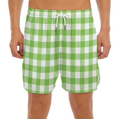 Pear Green And White Gingham Print Men's Split Running Shorts