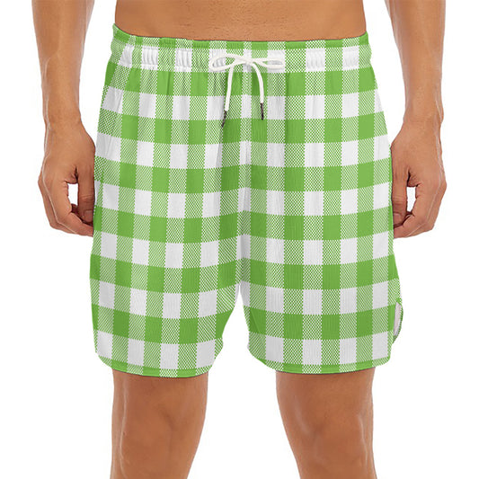 Pear Green And White Gingham Print Men's Split Running Shorts