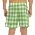 Pear Green And White Gingham Print Men's Split Running Shorts