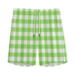 Pear Green And White Gingham Print Men's Sports Shorts