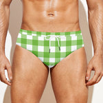 Pear Green And White Gingham Print Men's Swim Briefs