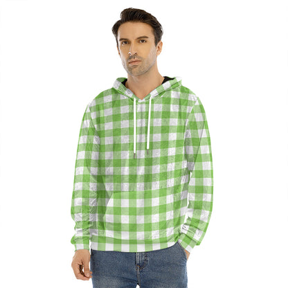 Pear Green And White Gingham Print Men's Velvet Pullover Hoodie