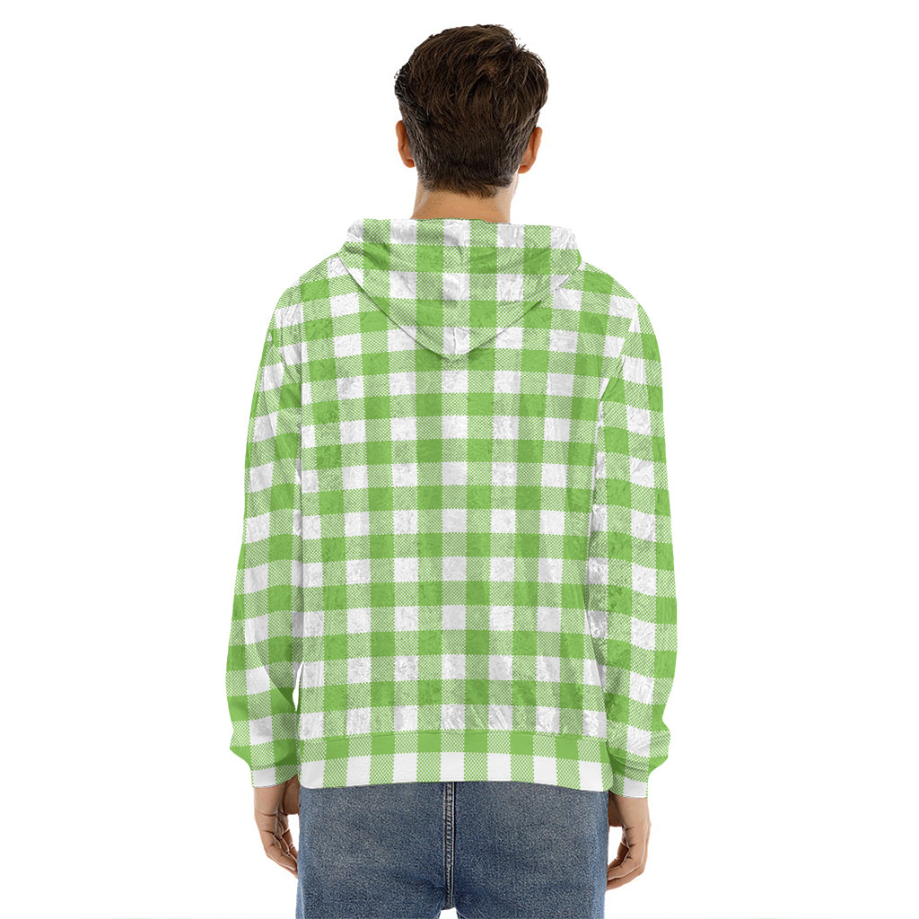 Pear Green And White Gingham Print Men's Velvet Pullover Hoodie
