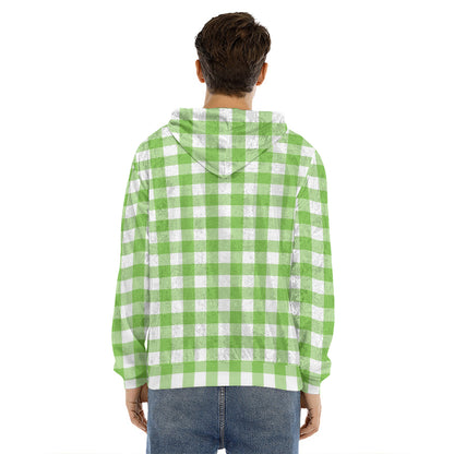 Pear Green And White Gingham Print Men's Velvet Pullover Hoodie