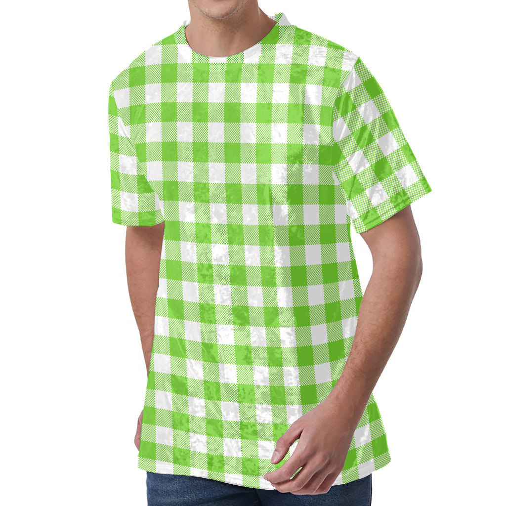Pear Green And White Gingham Print Men's Velvet T-Shirt