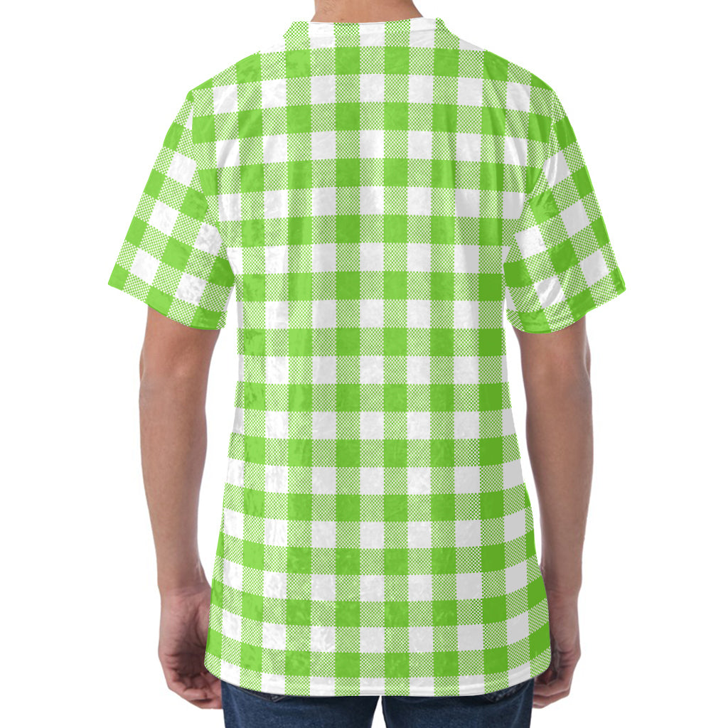 Pear Green And White Gingham Print Men's Velvet T-Shirt
