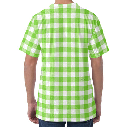 Pear Green And White Gingham Print Men's Velvet T-Shirt