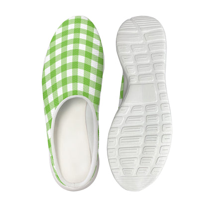 Pear Green And White Gingham Print Mesh Casual Shoes