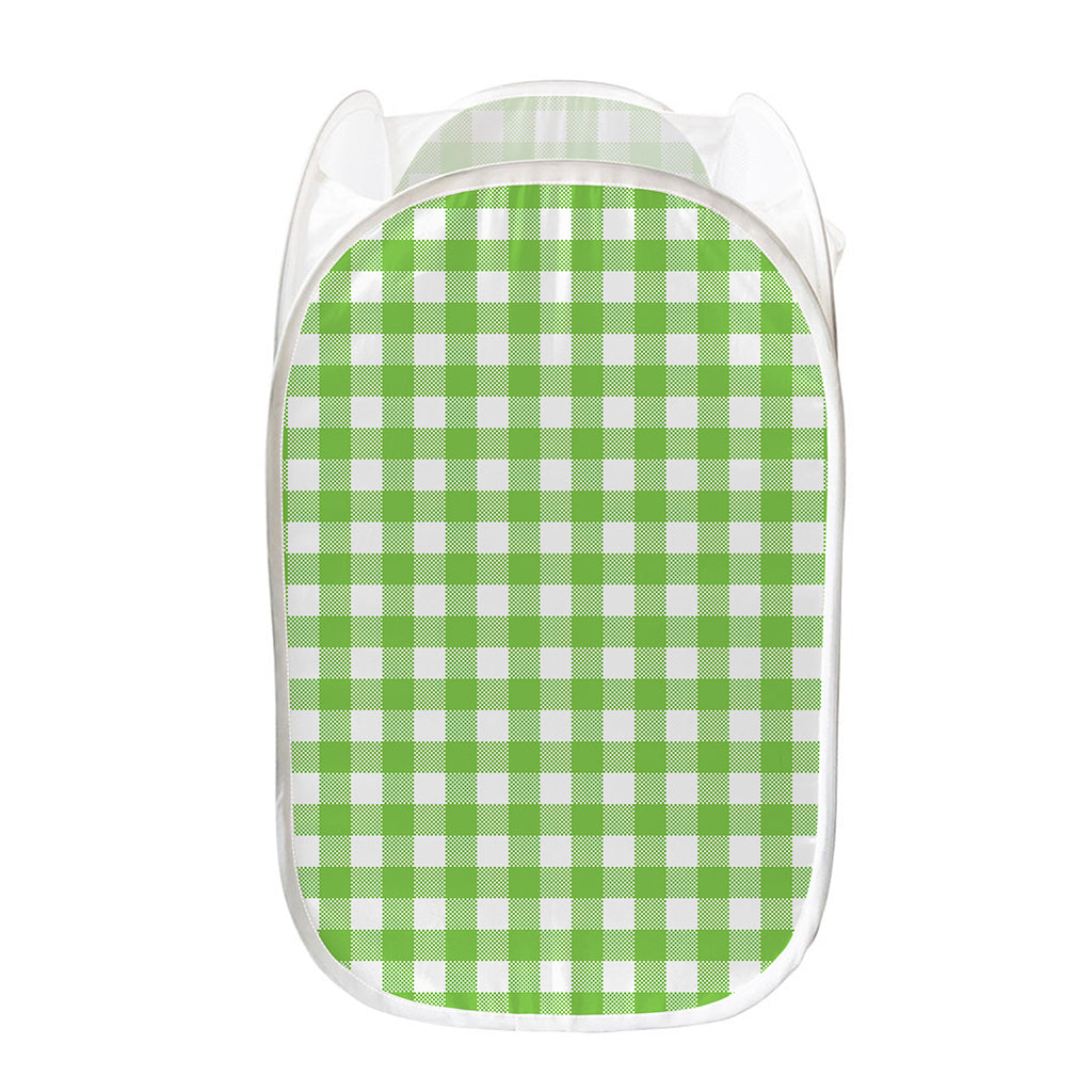 Pear Green And White Gingham Print Mesh Laundry Hamper