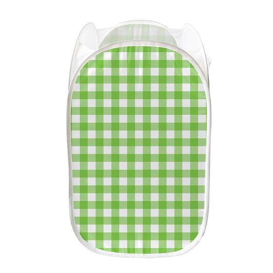 Pear Green And White Gingham Print Mesh Laundry Hamper
