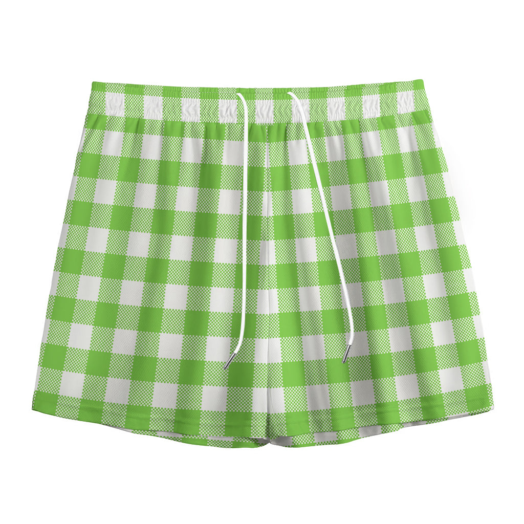 Pear Green And White Gingham Print Mesh Shorts
