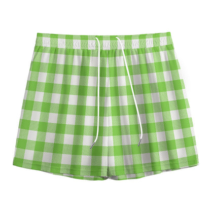Pear Green And White Gingham Print Mesh Shorts