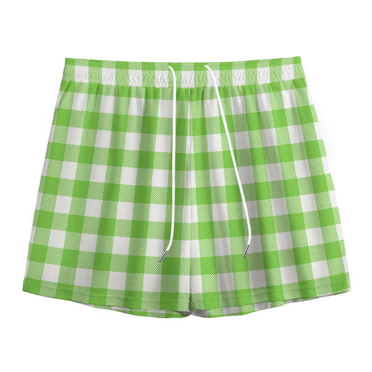 Pear Green And White Gingham Print Mesh Shorts