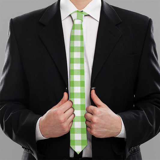 Pear Green And White Gingham Print Necktie
