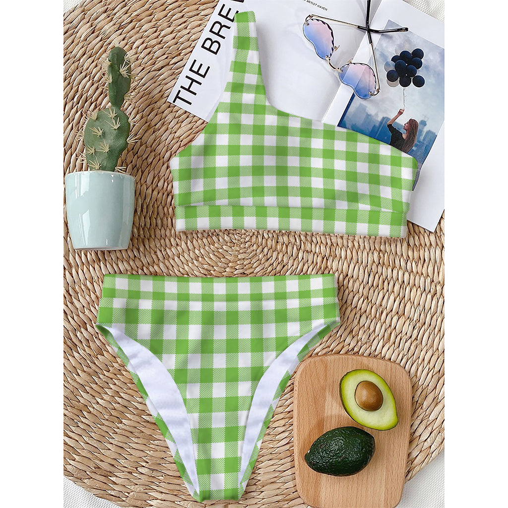 Pear Green And White Gingham Print One Shoulder Bikini Top