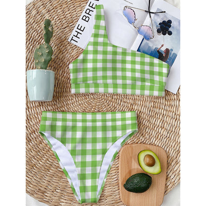 Pear Green And White Gingham Print One Shoulder Bikini Top