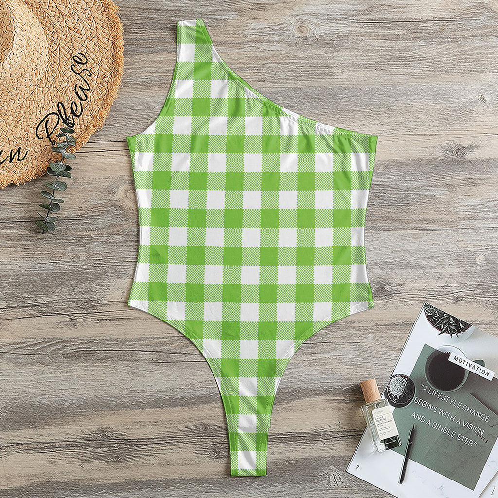 Pear Green And White Gingham Print One Shoulder Bodysuit