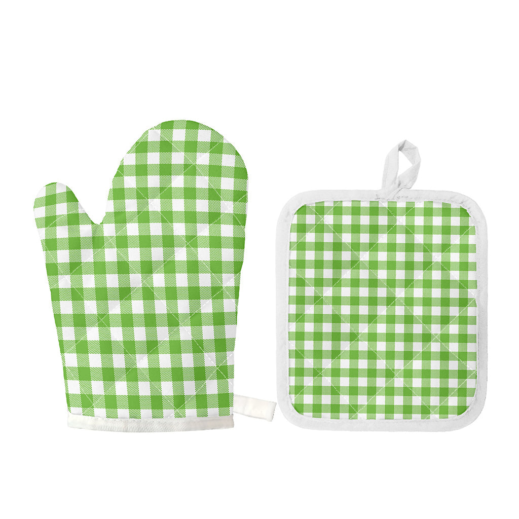 Pear Green And White Gingham Print Oven Mitt And Pot Holder Set