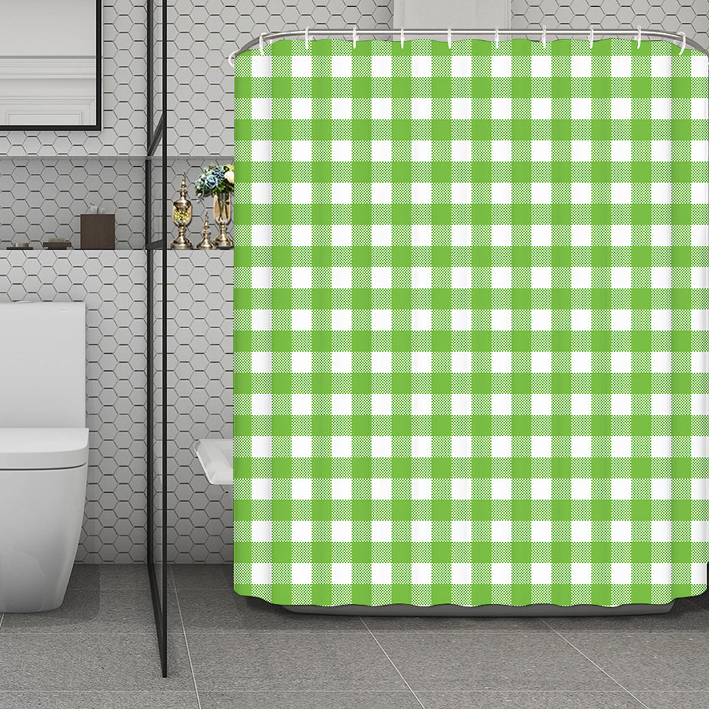 Pear Green And White Gingham Print Polyester Shower Curtain