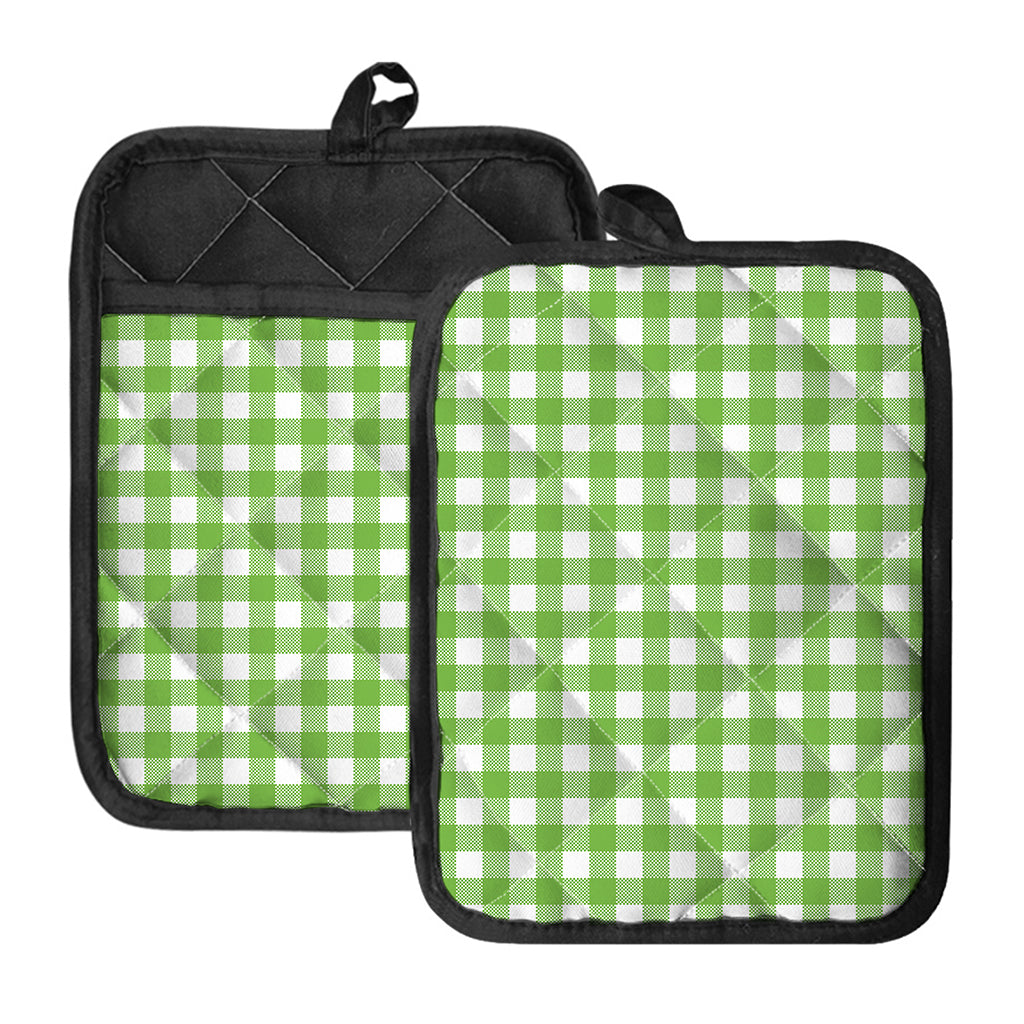 Pear Green And White Gingham Print Pot Holders With Pocket