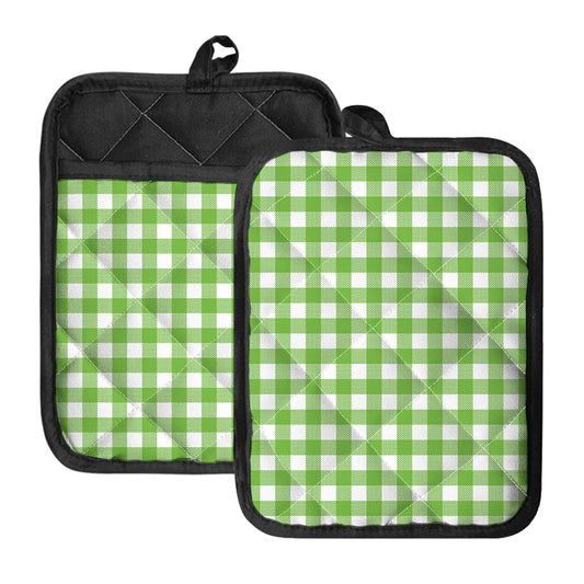 Pear Green And White Gingham Print Pot Holders With Pocket