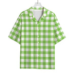 Pear Green And White Gingham Print Rayon Hawaiian Shirt