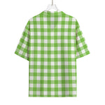 Pear Green And White Gingham Print Rayon Hawaiian Shirt