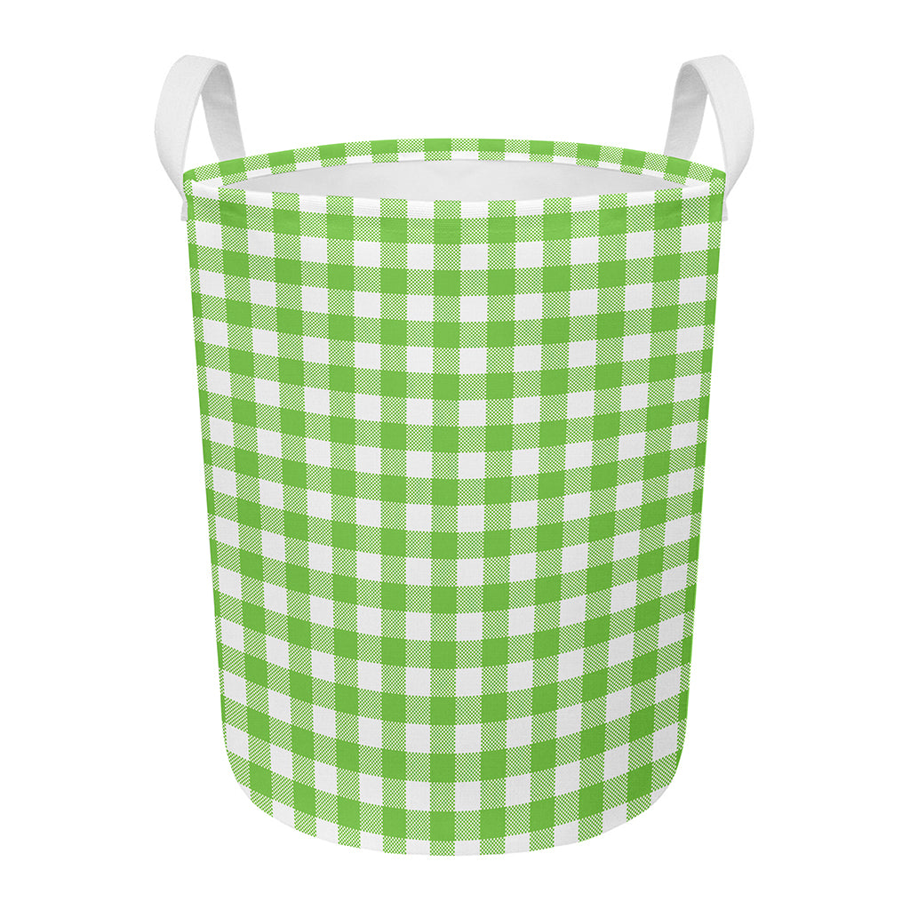 Pear Green And White Gingham Print Round Laundry Basket