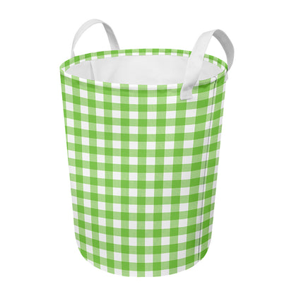 Pear Green And White Gingham Print Round Laundry Basket