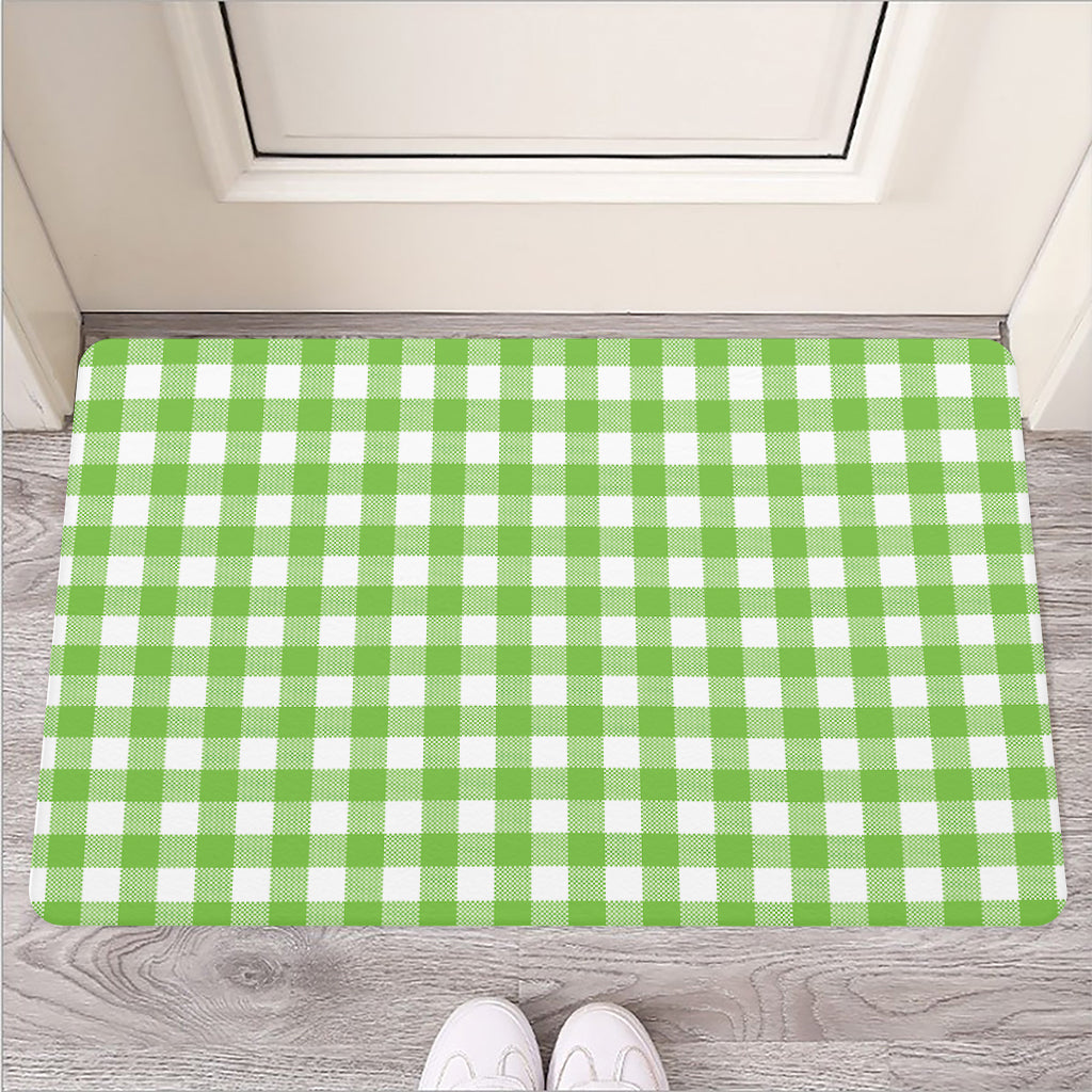 Pear Green And White Gingham Print Rubber Doormat
