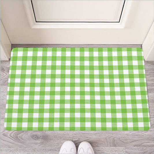 Pear Green And White Gingham Print Rubber Doormat