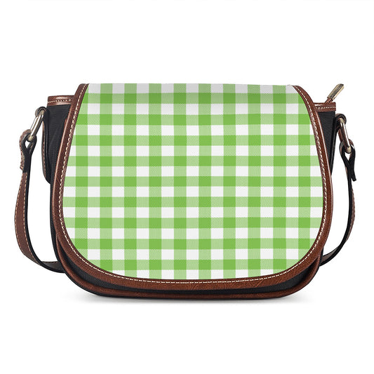 Pear Green And White Gingham Print Saddle Bag