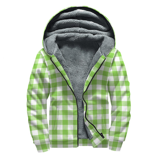Pear Green And White Gingham Print Sherpa Lined Zip Up Hoodie