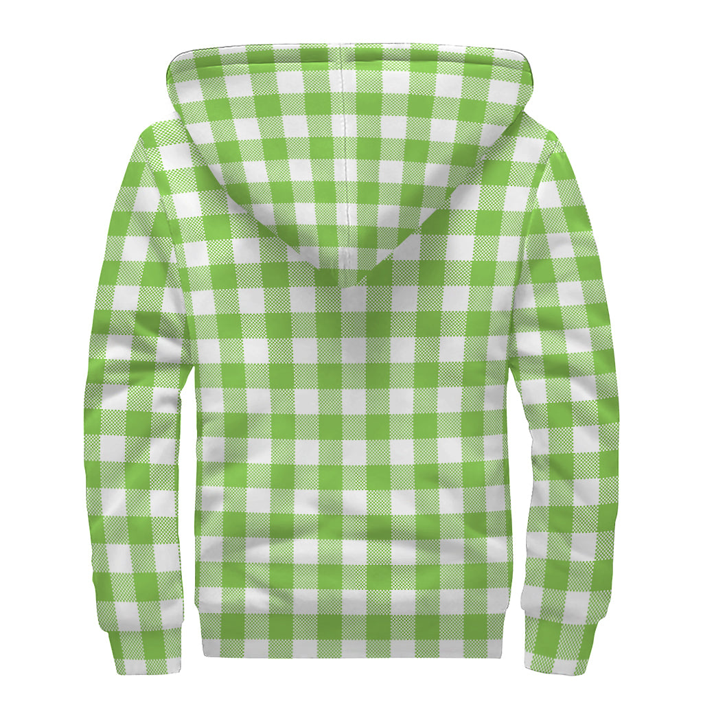 Pear Green And White Gingham Print Sherpa Lined Zip Up Hoodie