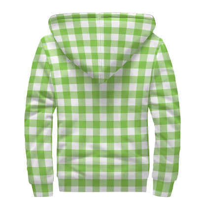 Pear Green And White Gingham Print Sherpa Lined Zip Up Hoodie