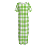 Pear Green And White Gingham Print Short Sleeve Long Nightdress