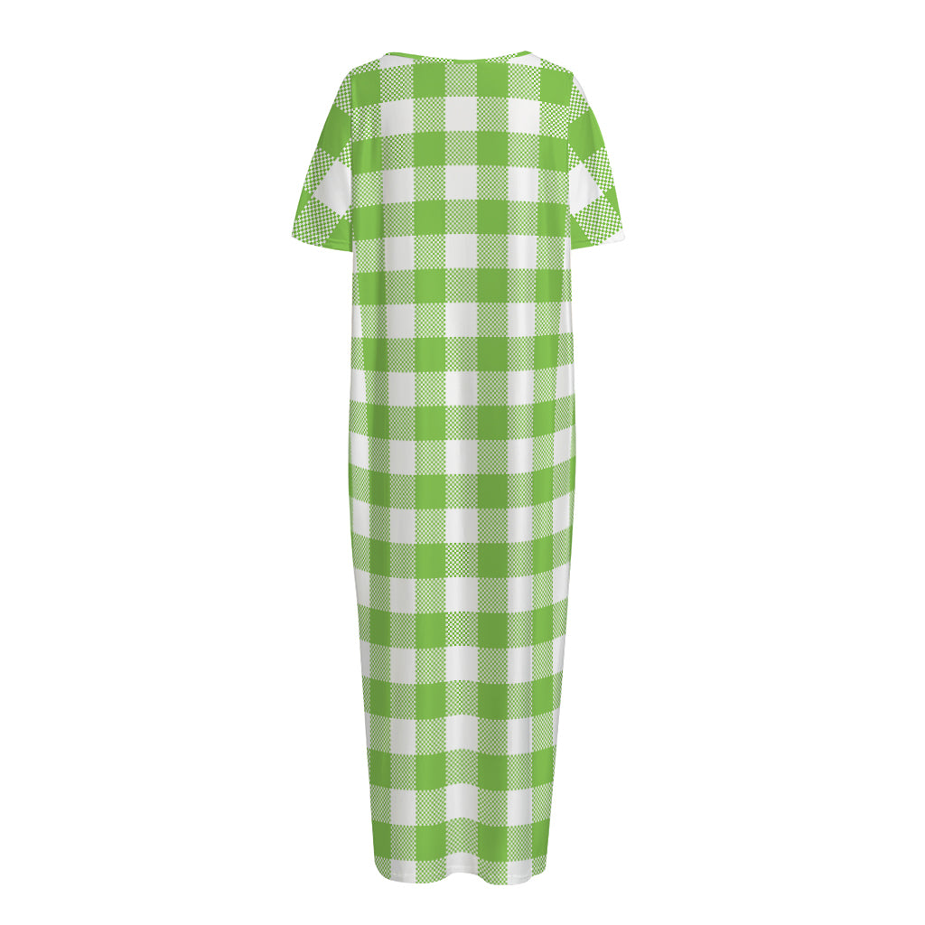 Pear Green And White Gingham Print Short Sleeve Long Nightdress