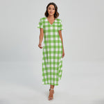 Pear Green And White Gingham Print Short Sleeve Maxi Dress