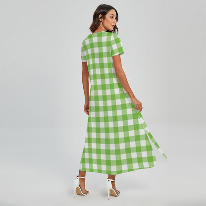 Pear Green And White Gingham Print Short Sleeve Maxi Dress