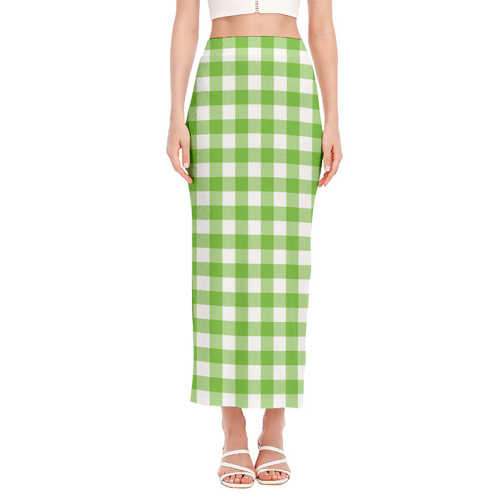 Pear Green And White Gingham Print Side Slit Maxi Skirt